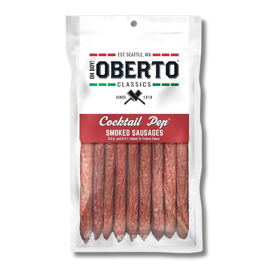Oberto Oh Boy Cocktail Pep Smoked Sausages in resealable bag for on-the-go snacking.