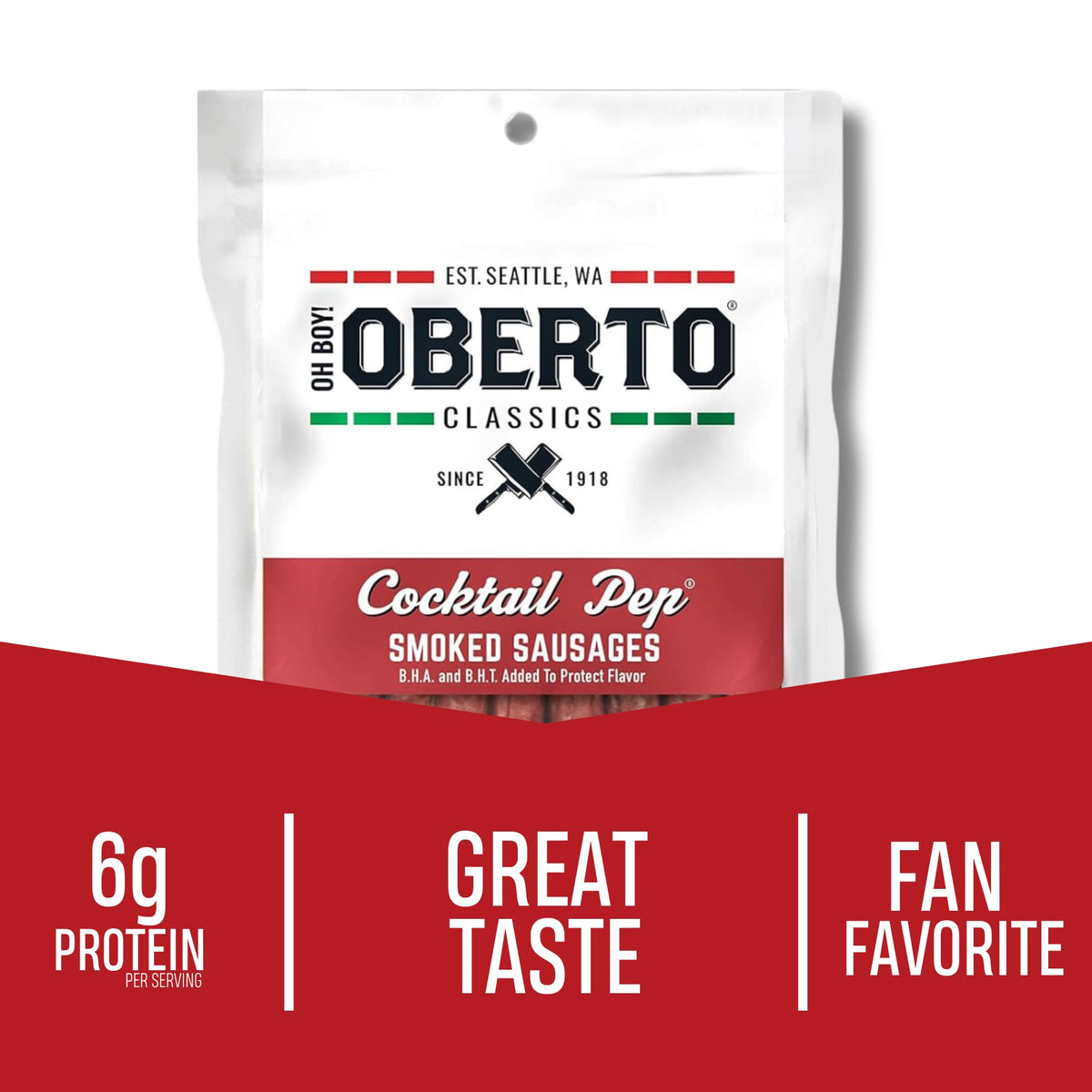 Oberto Classics smoked sausages close-up showing smoky flavor and snap.