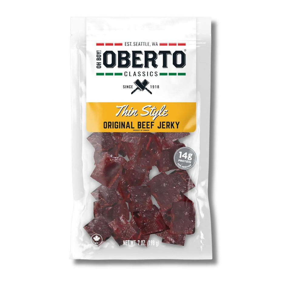 Oberto Oh Boy Thin Style Jerky 7oz pack; resealable for on-the-go snacking.