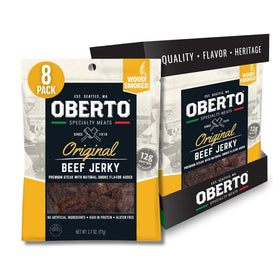 Oberto Original Beef Jerky in real wood smoked bag showing portable form and branding.