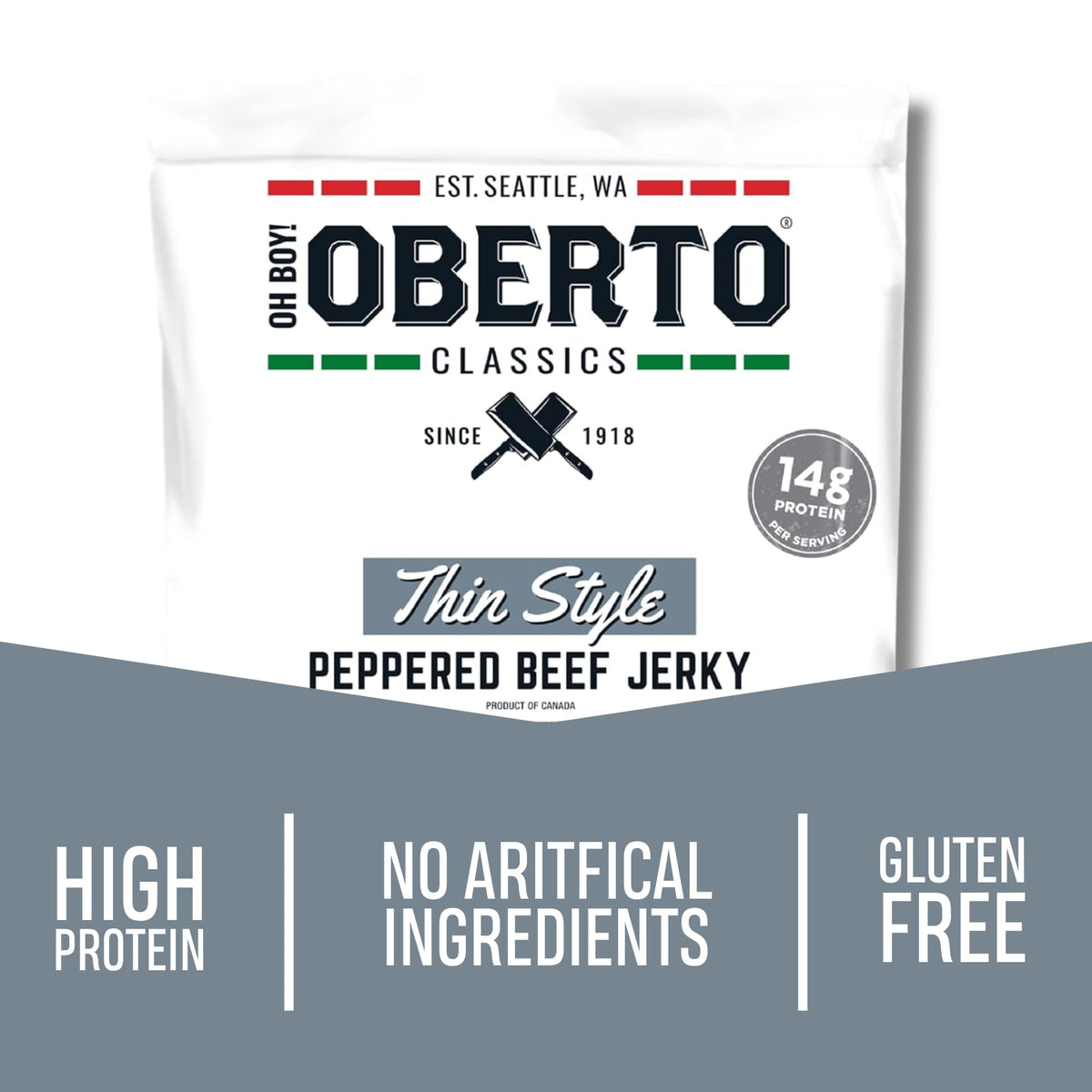 Oberto peppered beef jerky close-up highlighting chewy texture and aroma.