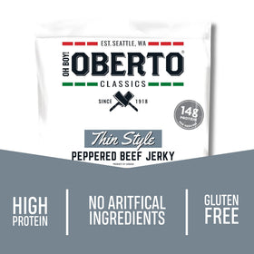 Oberto peppered beef jerky close-up highlighting chewy texture and aroma.
