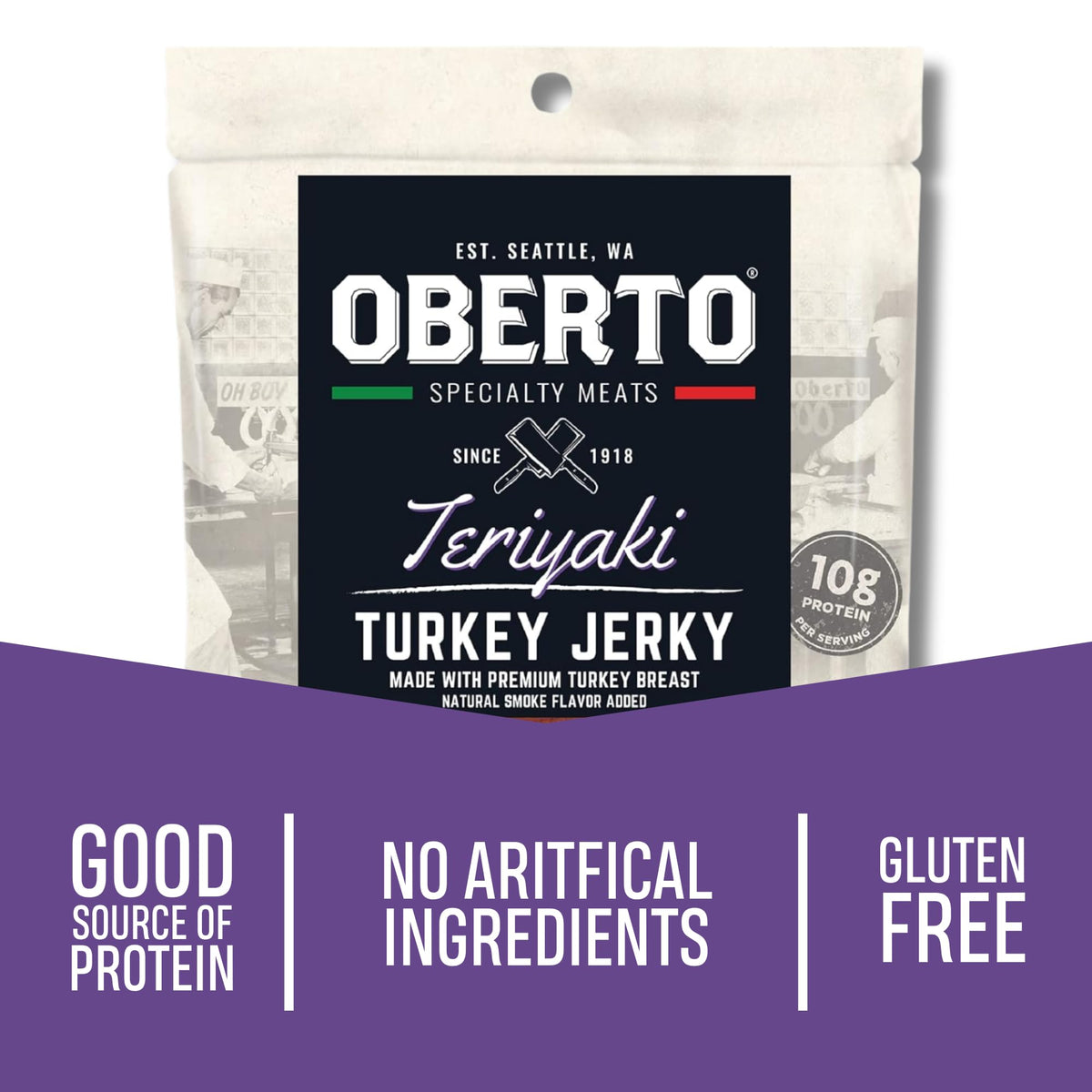 Oberto Teriyaki Turkey Jerky back label shows nutrition and ingredients.