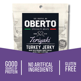 Oberto Teriyaki Turkey Jerky back label shows nutrition and ingredients.