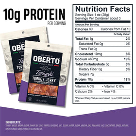 Oberto Teriyaki Turkey Jerky close-up texture showing tender strips.