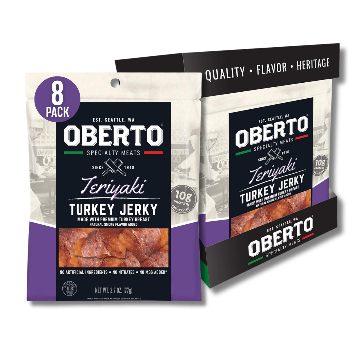 Oberto Teriyaki Turkey Jerky front view in resealable bag for on-the-go protein.
