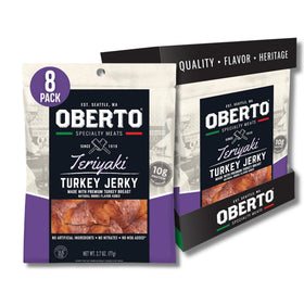 Oberto Teriyaki Turkey Jerky front view in resealable bag for on-the-go protein.