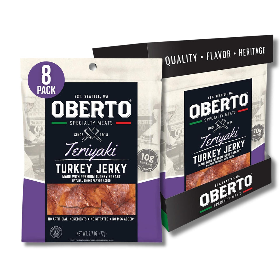 Oberto Teriyaki Turkey Jerky front view in resealable bag for on-the-go protein.