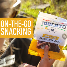 Oberto wood-smoked jerky plated for serving, inviting taste and aroma.