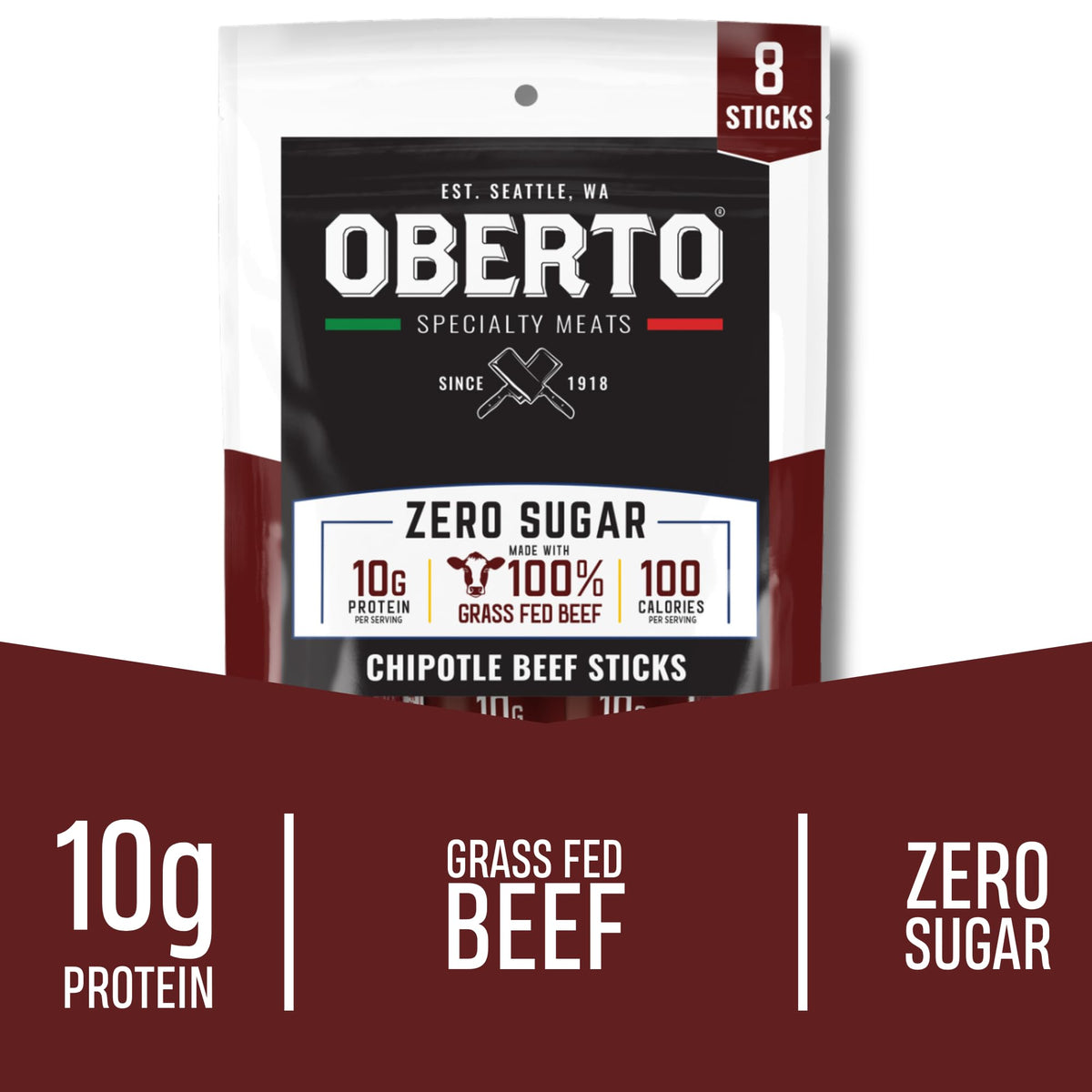 Oberto zero-sugar grass-fed beef stick with high protein, a guilt-free daily snack.