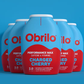 Obrilo Cherry Charge bottle pour shows a dye-free energy boost in water