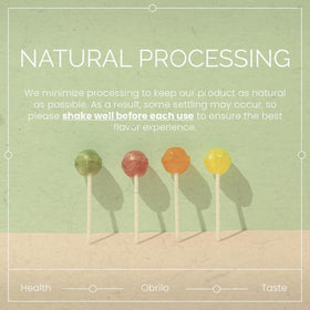 Obrilo liquid flavoring drops close-up illustrate quick mix into water.