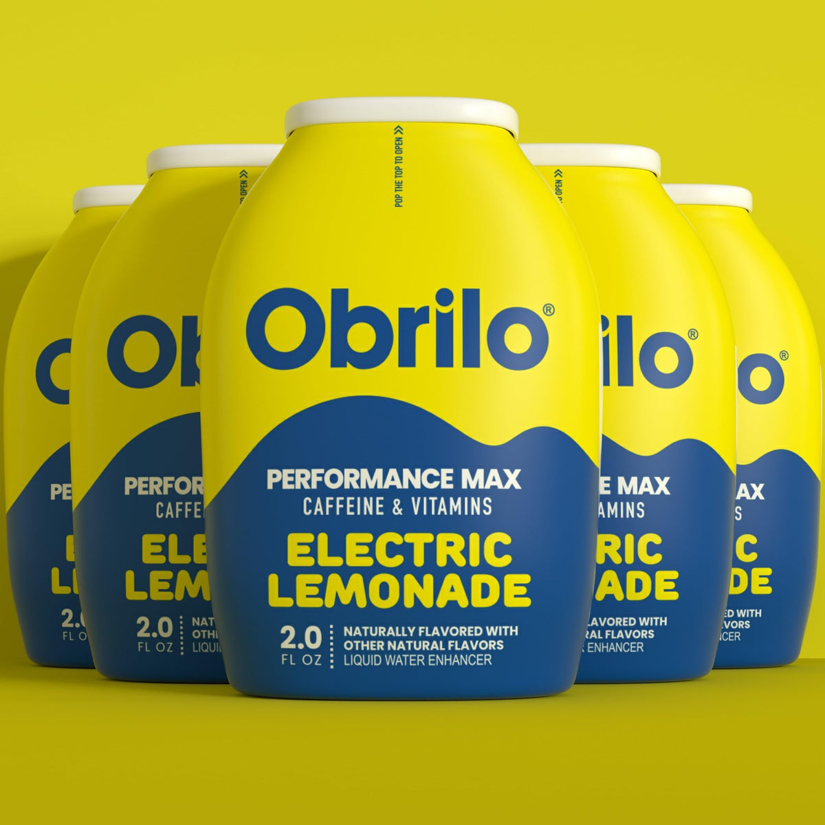 Obrilo Performance Energy Electric Lemonade bottle front, dye-free hydration with natural flavor and caffeine boost.