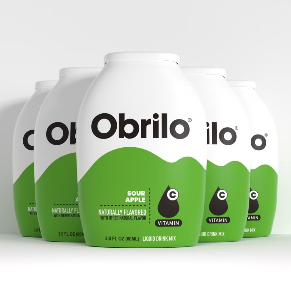 Obrilo Sour Apple water enhancer bottle closeup showing zero sugar flavor for guilt-free sipping
