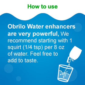 Obrilo Stevia Water Enhancer variety-pack label display showing six flavors