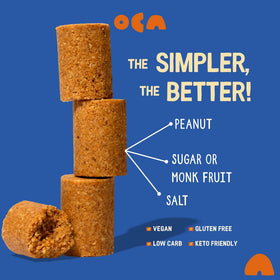 OCA Sugar-Free Peanut Butter Bites back-of-pack shows three-ingredient recipe for clean flavor