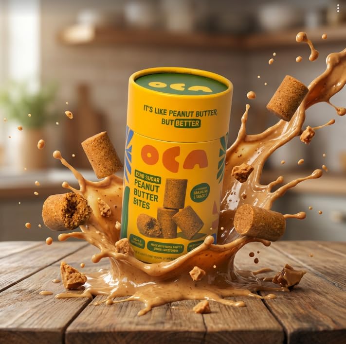 OCA Sugar-Free Peanut Butter Bites front-of-pack view highlights zero sugar and high protein