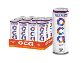OCA ZERO Berry Acai bottle front showing zero sugar energy on the go