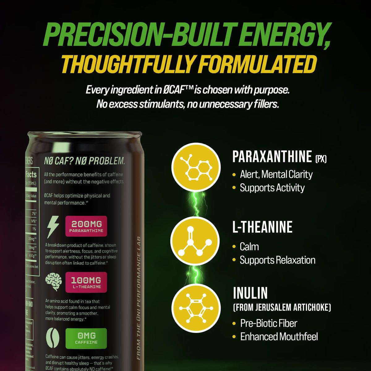 ØCAF ENERGY Raspberry Passionfruit can side view highlighting consistent energy.