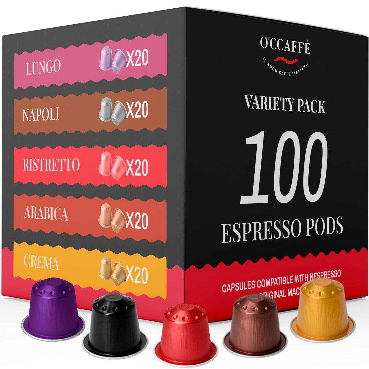 Occaffe variety pack espresso pods in a sleek box for Nespresso machines
