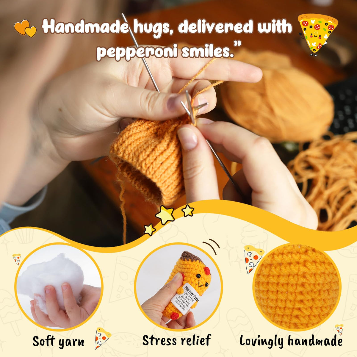OCCdesign crochet pizza gift, cozy desk decoration that encourages coworkers.