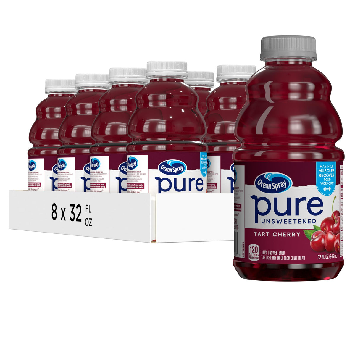 Ocean Spray Pure Unsweetened Tart Cherry Juice bottle showcases bold, unsweetened fruit goodness for daily hydration.