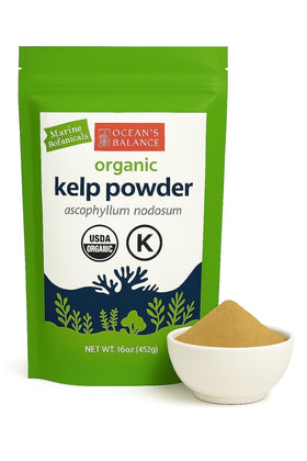 Ocean’s Balance Clean kelp powder bag closeup highlighting daily seaweed nutrition.
