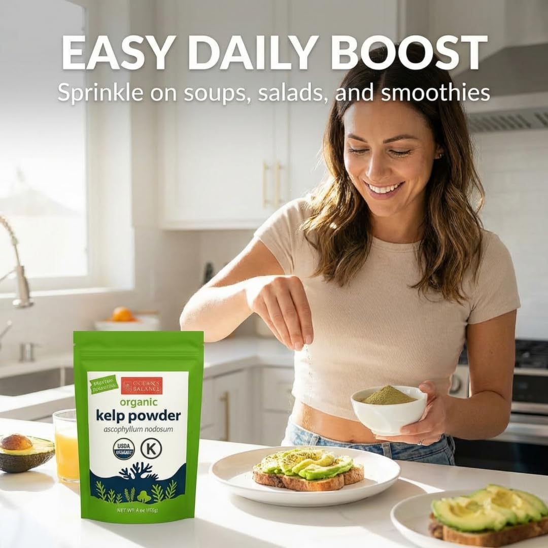 Ocean’s Balance Clean kelp powder dissolving in tea for mineral support.