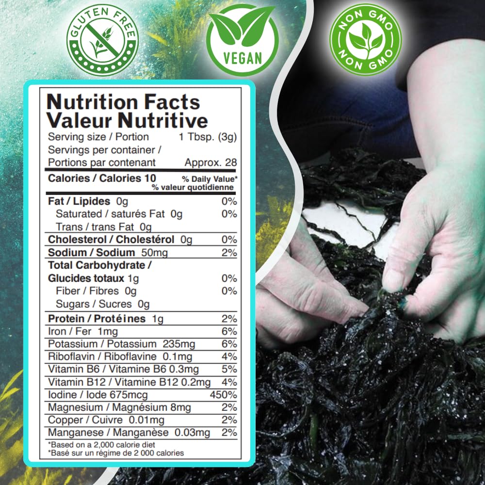 Ocean's Balance Dulse Flakes closeup reveals smoky, vibrant flakes perfect for topping.