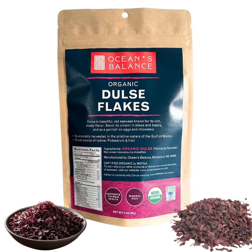 Ocean's Balance Dulse Flakes packshot shows organic seaweed ideal for keto and vegan meals.