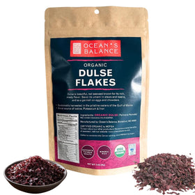 Ocean's Balance Dulse Flakes packshot shows organic seaweed ideal for keto and vegan meals.