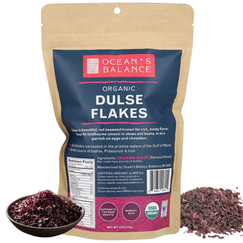 Ocean's Balance Organic Dulse Flakes packaging closeup for eco-friendly seaweed