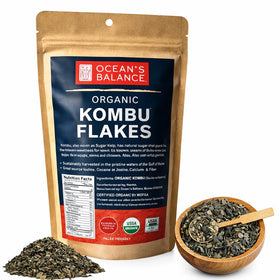 Ocean's Balance Organic Kombu Flakes packaging for quick ocean-fresh seasoning.