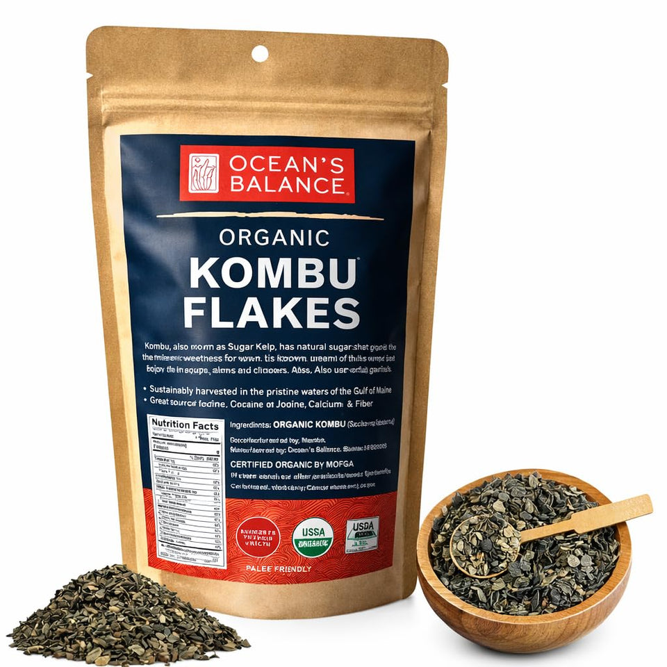 Ocean's Balance Organic Kombu Flakes packaging for quick ocean-fresh seasoning.