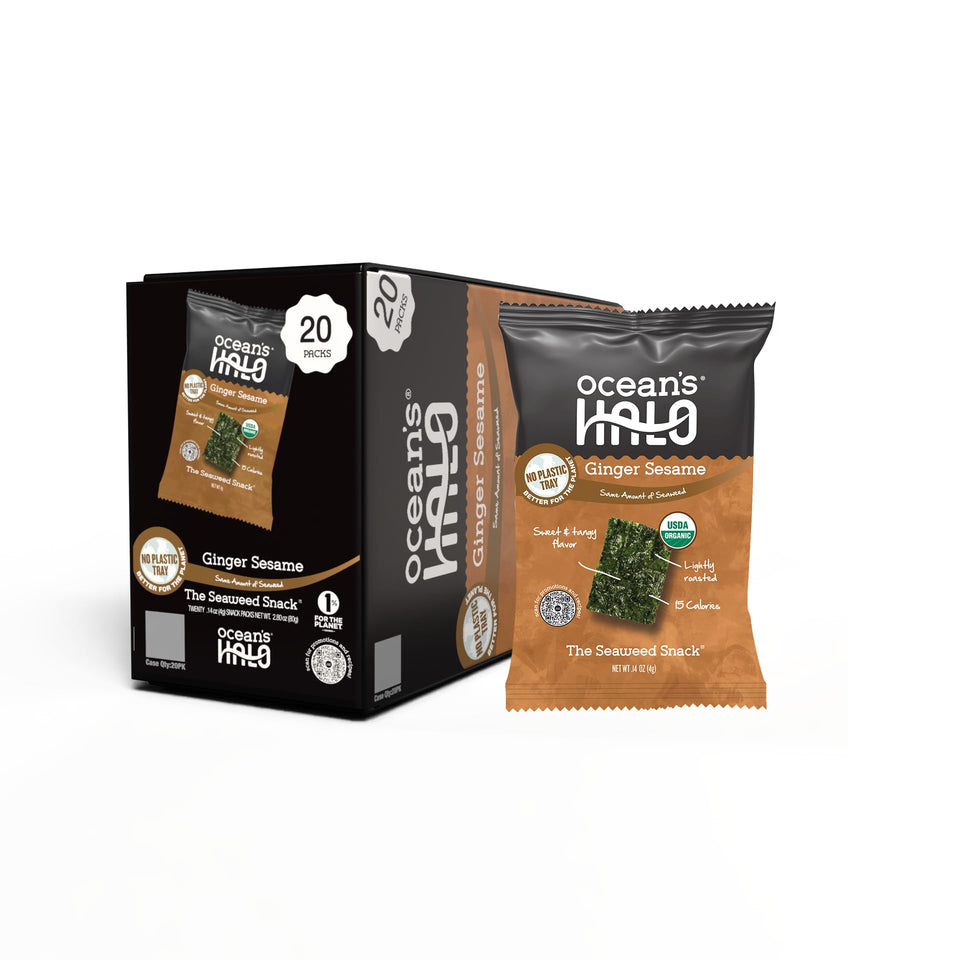 Ocean's Halo Ginger Sesame seaweed snack close-up showing crispy texture