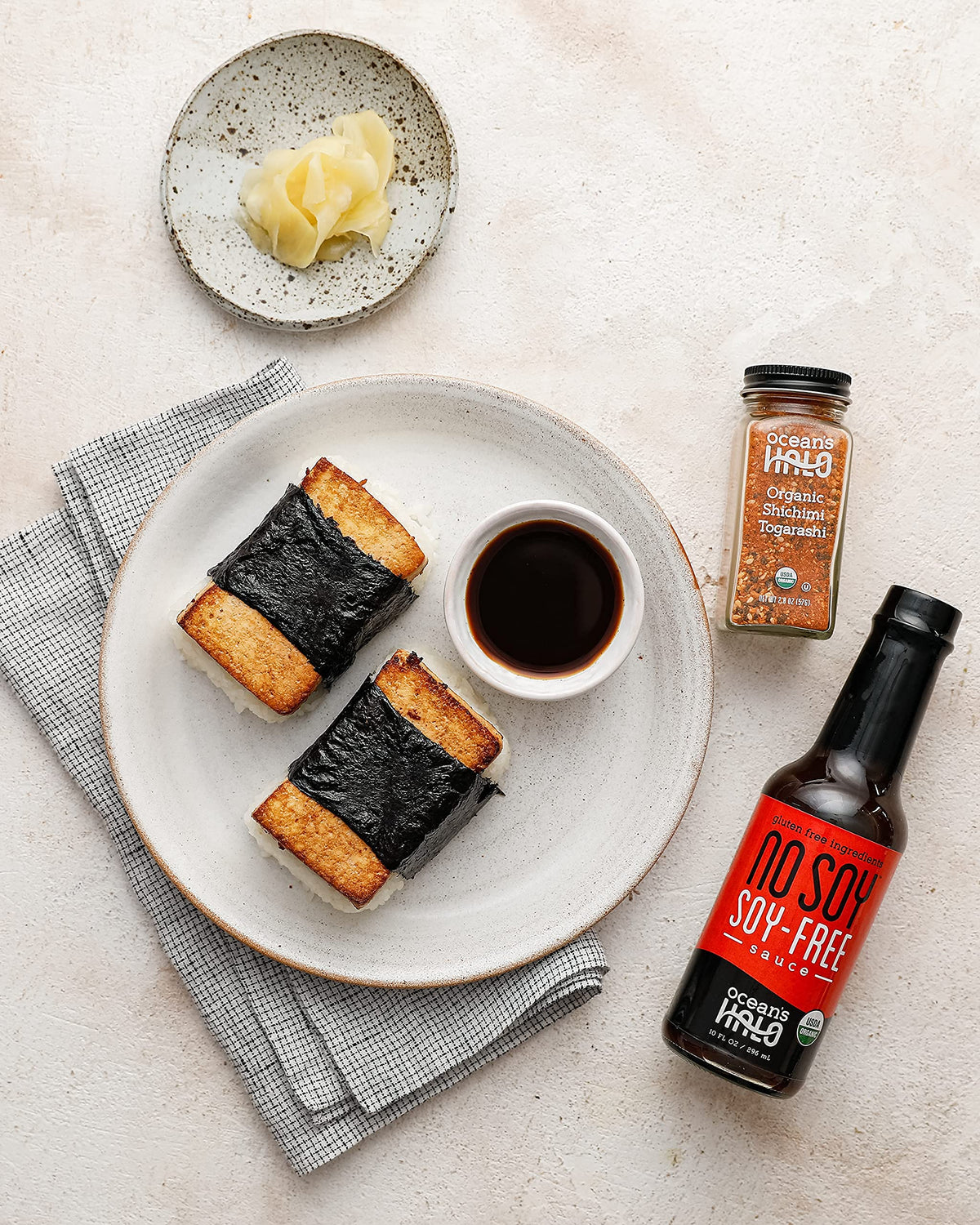 Ocean's Halo No Soy Sauce bottle dipping plate shows versatile dipping and stir-fry uses