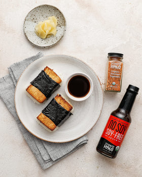 Ocean's Halo No Soy Sauce bottle dipping plate shows versatile dipping and stir-fry uses