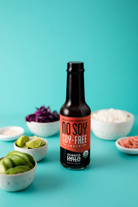 Ocean's Halo No Soy Sauce bottle kitchen counter ready for meals