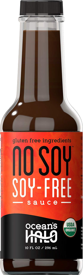Ocean's Halo No Soy Sauce bottle pouring for easy, soy-free flavor enhancement