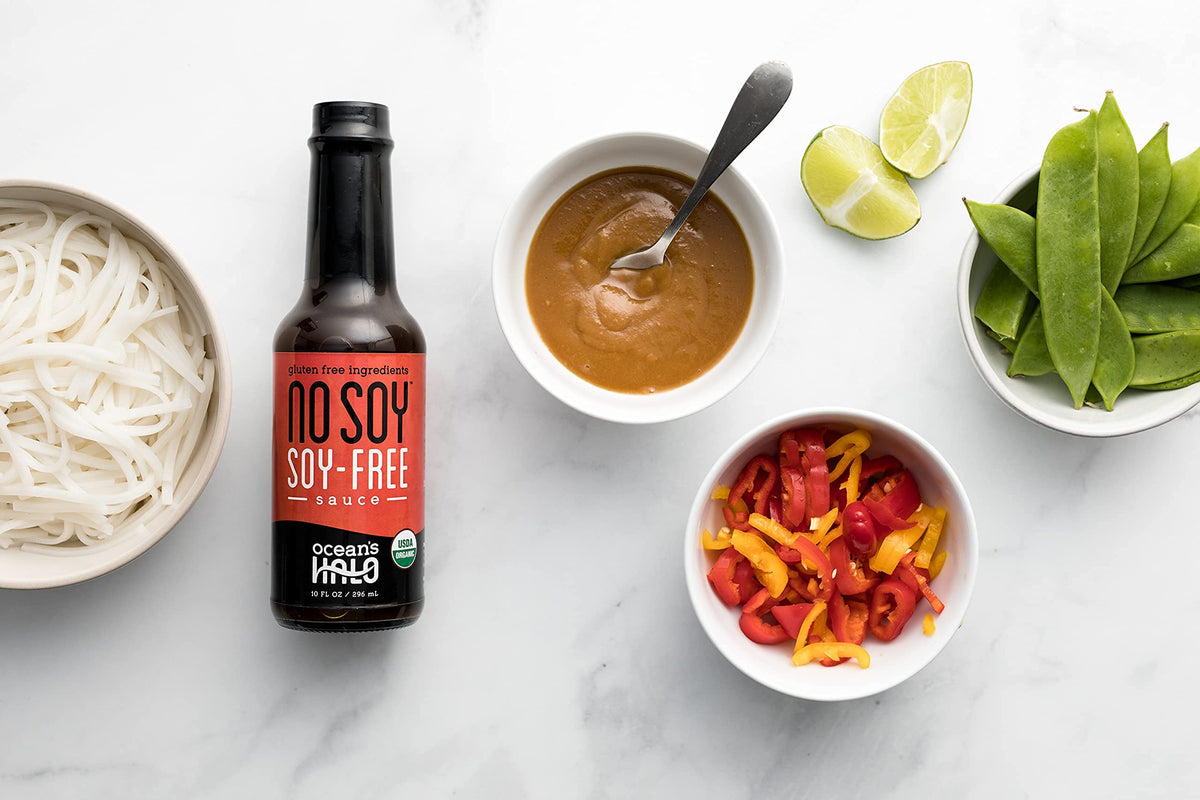 Ocean's Halo No Soy Sauce ingredient label close-up emphasizing organic, soy-free ingredients