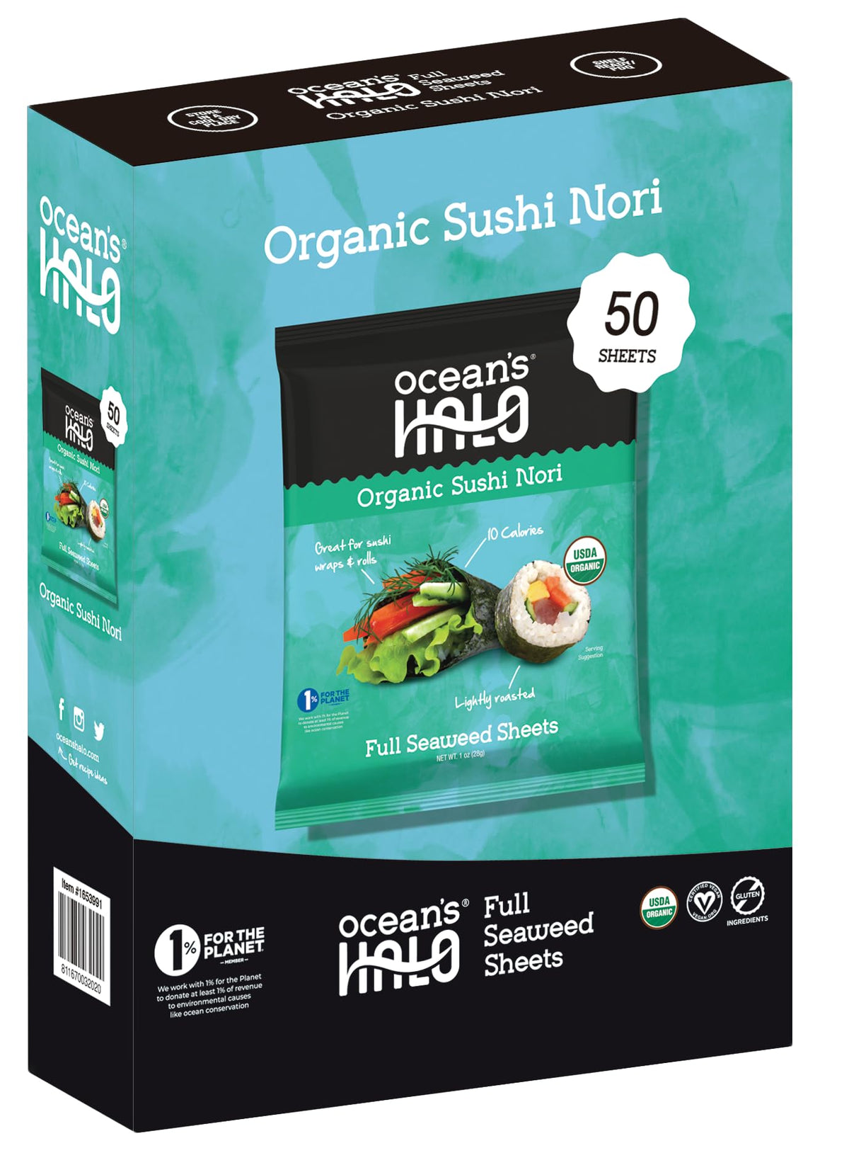 Ocean's Halo organic sushi nori 5-pack packaging ready for pantry storage and sushi prep