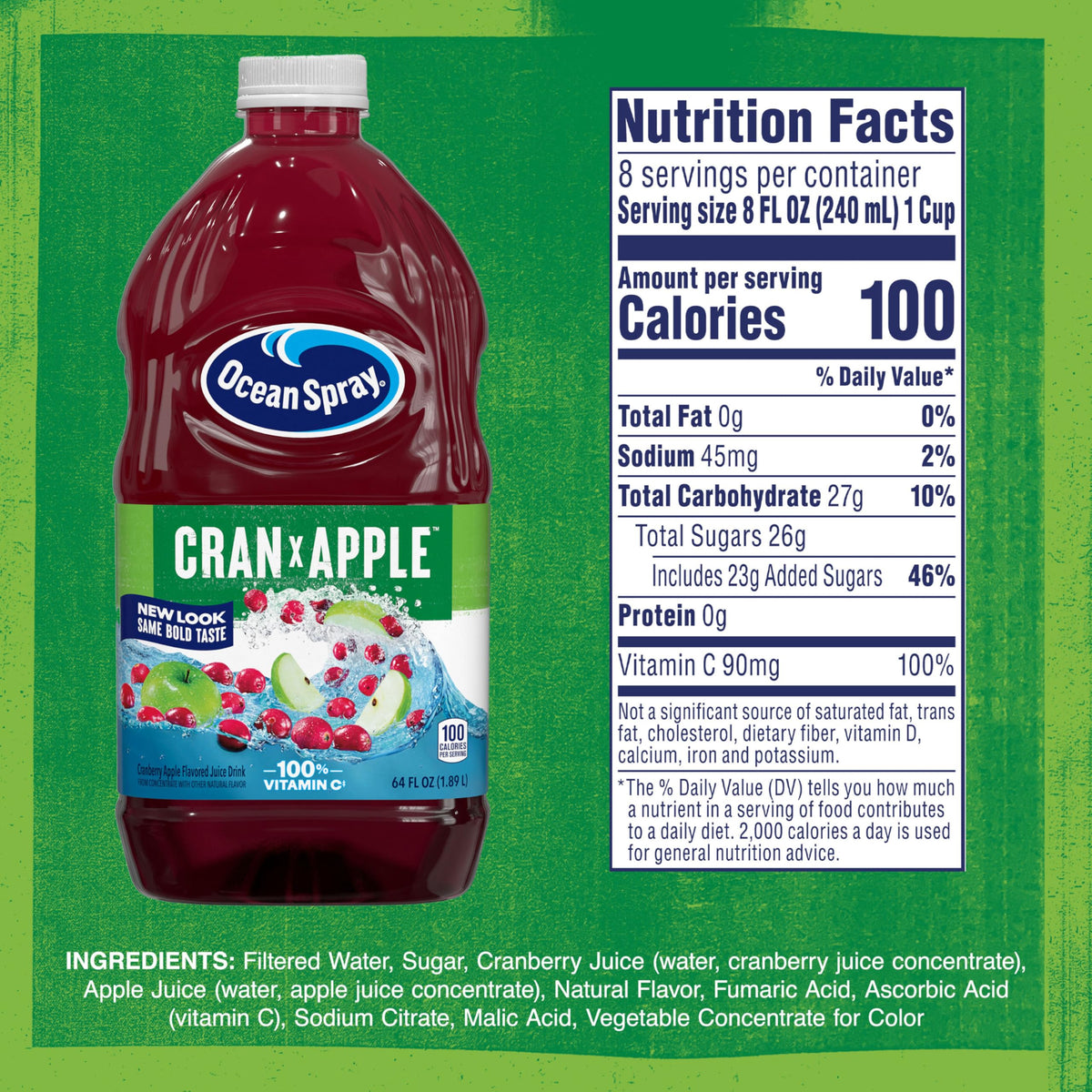 Ocean Spray Cran-Apple bottle back highlights no high fructose corn syrup and vitamin C