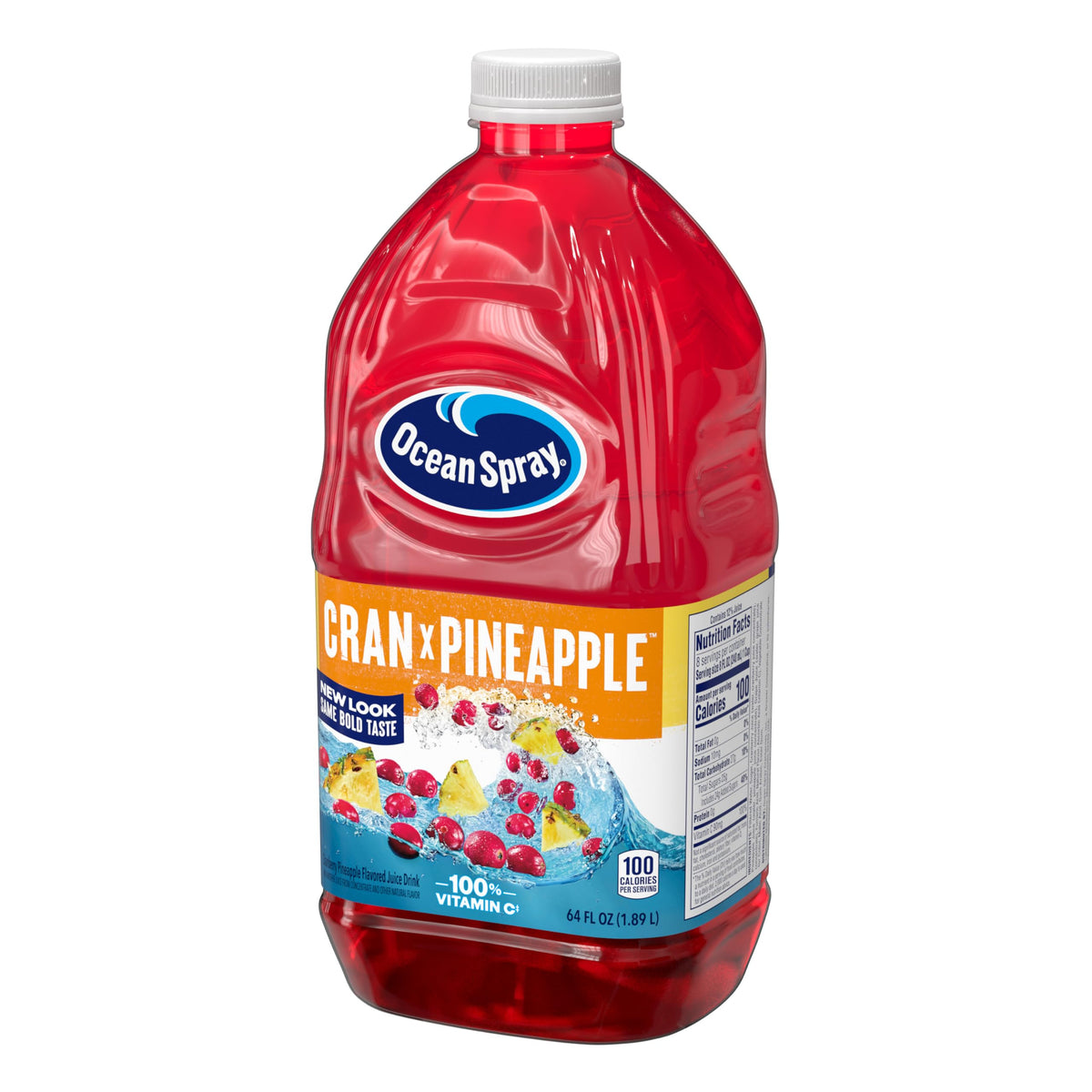 Close-up of Ocean Spray Cran-Pineapple bottle emphasizing real juice