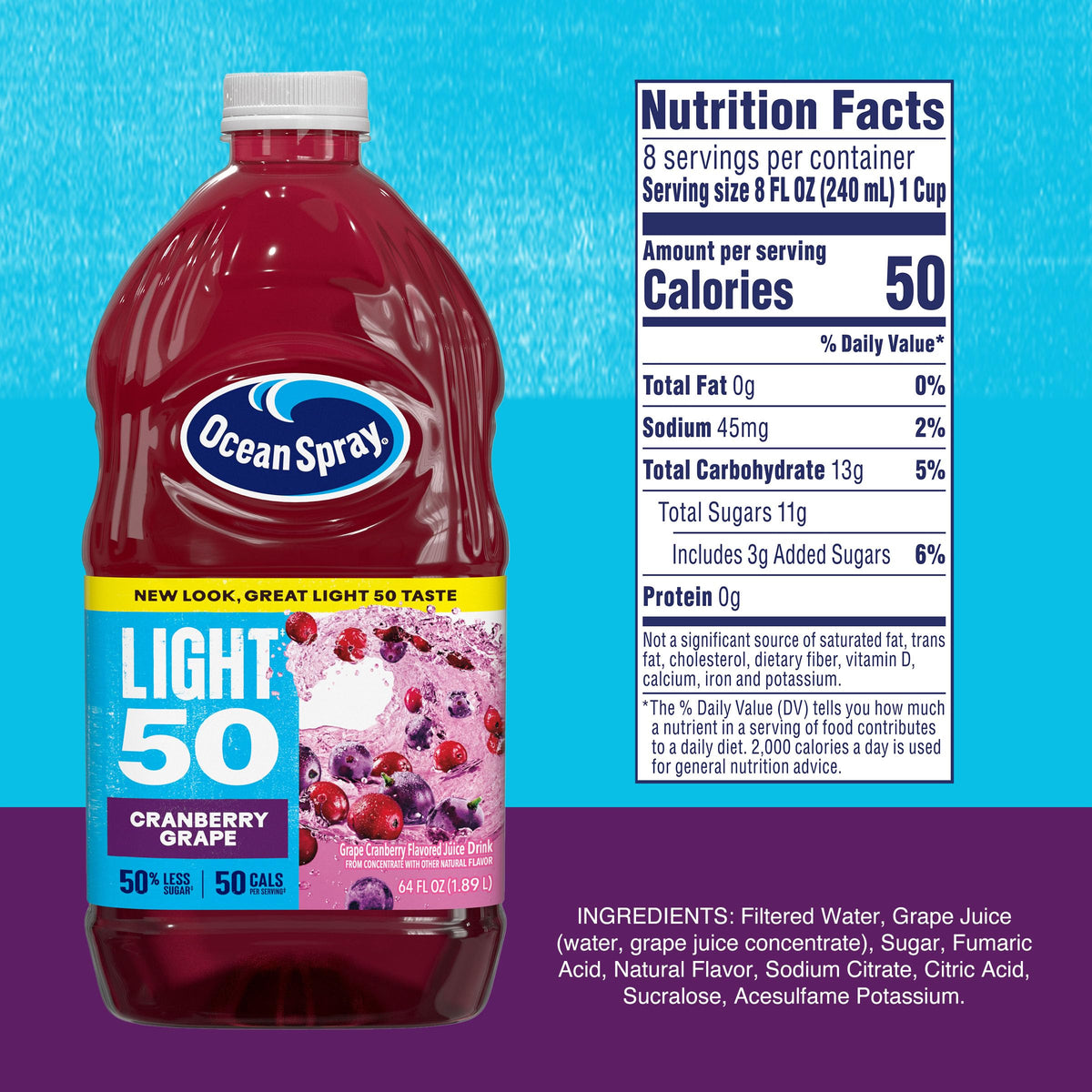 Ocean Spray Cran50 label close-up highlights real fruit juice and no artificial additives