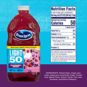 Ocean Spray Cran50 label close-up highlights real fruit juice and no artificial additives