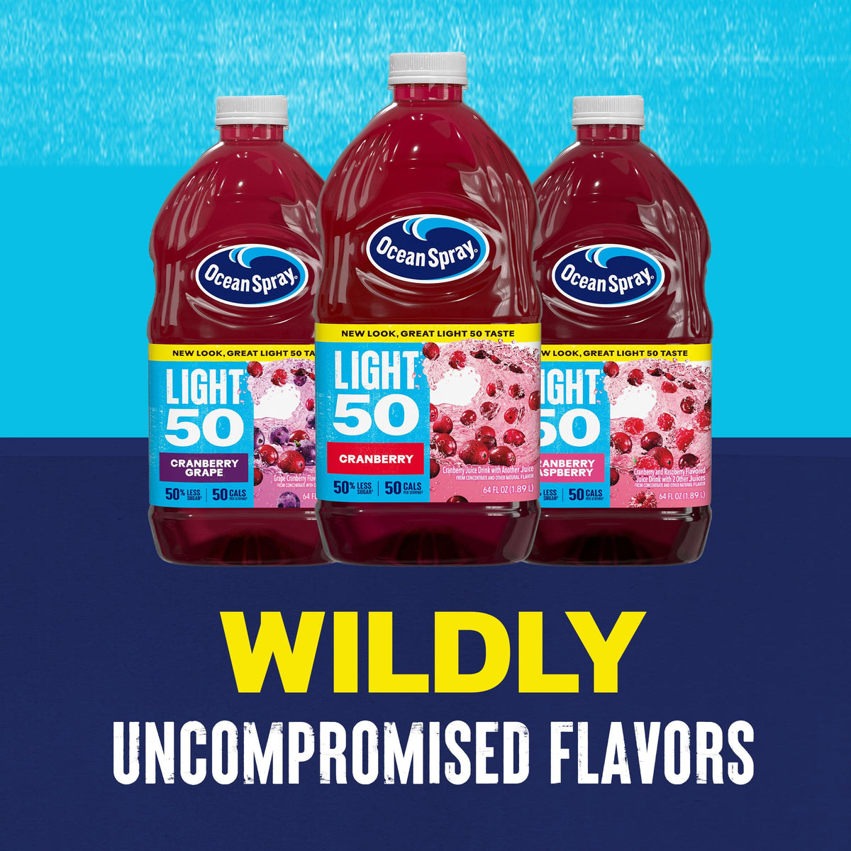 Ocean Spray Cran50 eight-pack bottles on shelf, delivering value and convenience