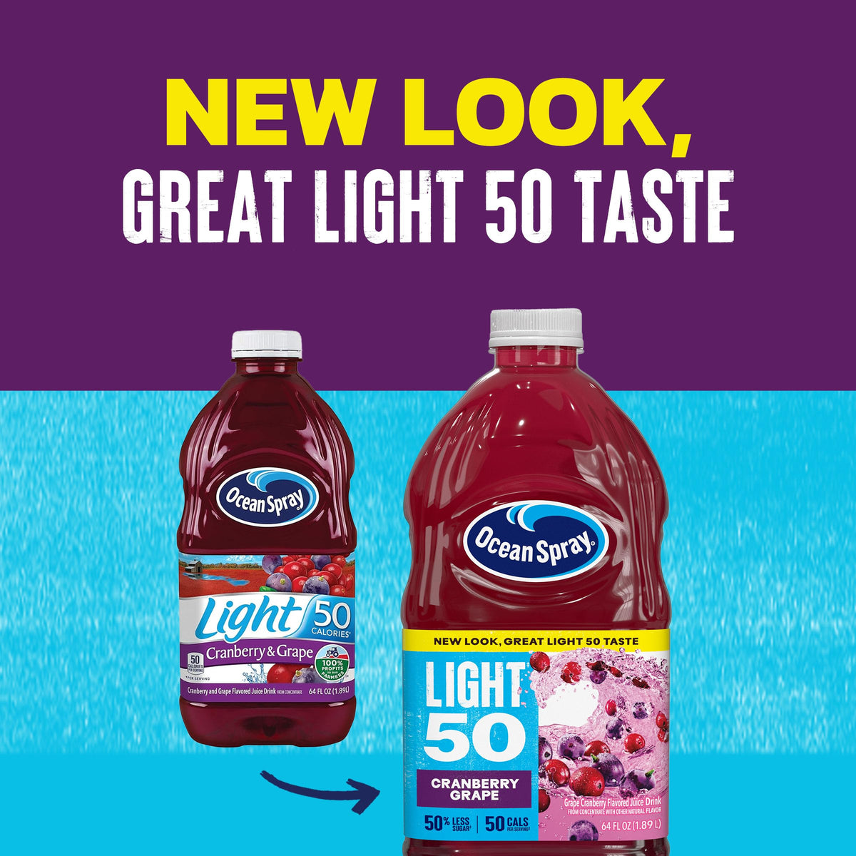 Ocean Spray Cran50 pour into a glass, showcasing crisp cranberry and grape flavors