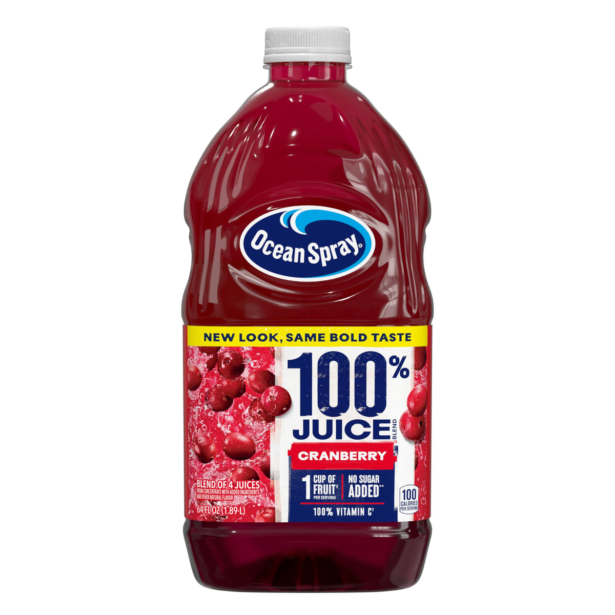 Ocean Spray Cranberry juice bottle front shows 100% juice and no added sugar.