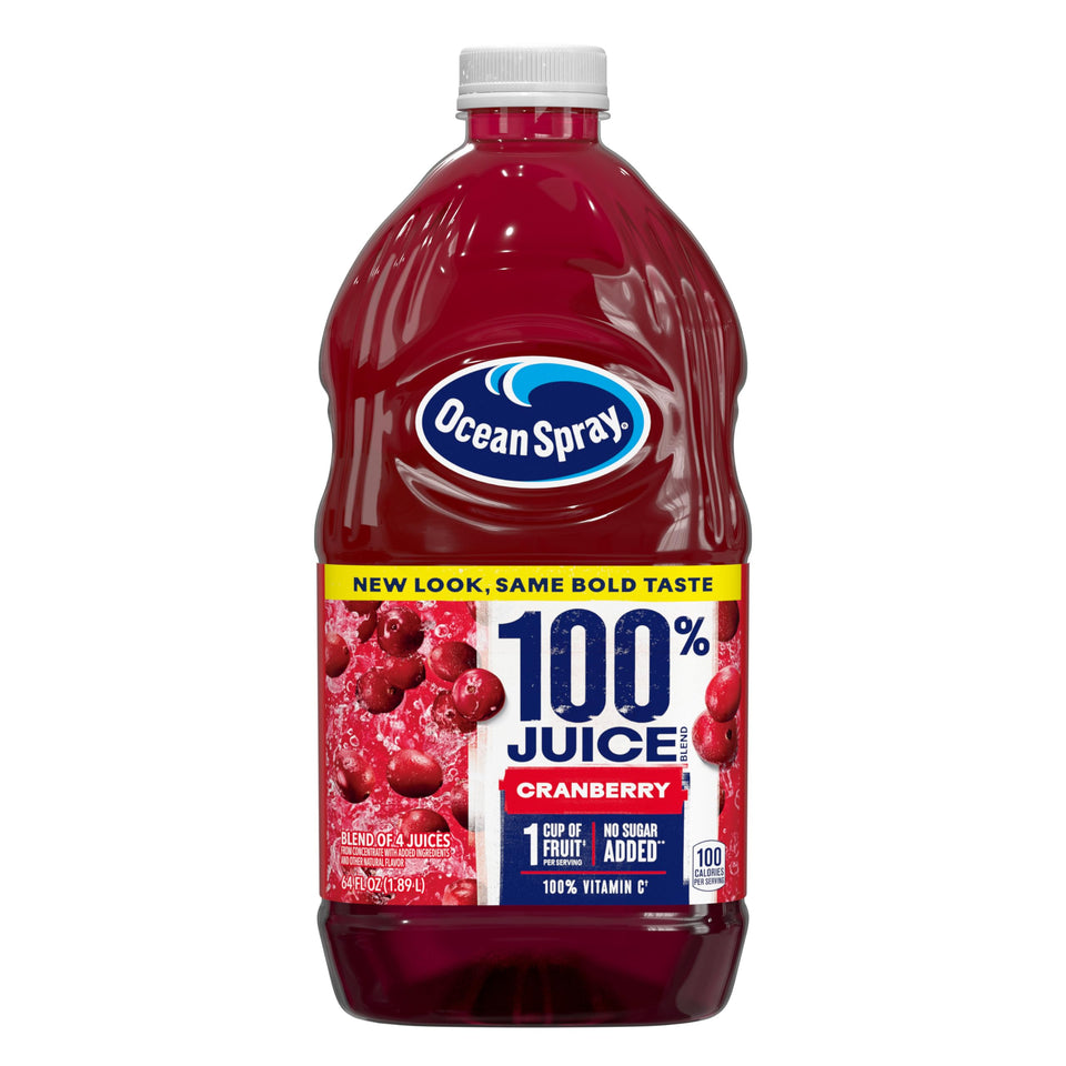 Ocean Spray Cranberry juice bottle front shows 100% juice and no added sugar.