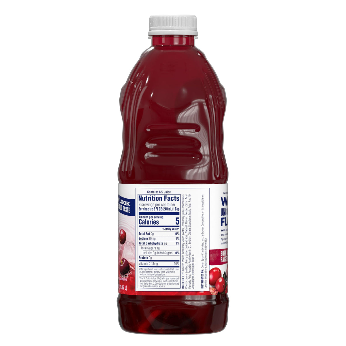 Ocean Spray Diet Cran-Cherry real-fruit-juice visuals show authentic juice blend.